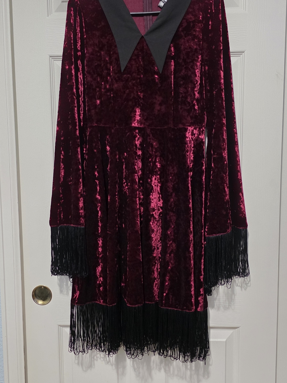 Velvet Fringe Collar Dress In Deep Red